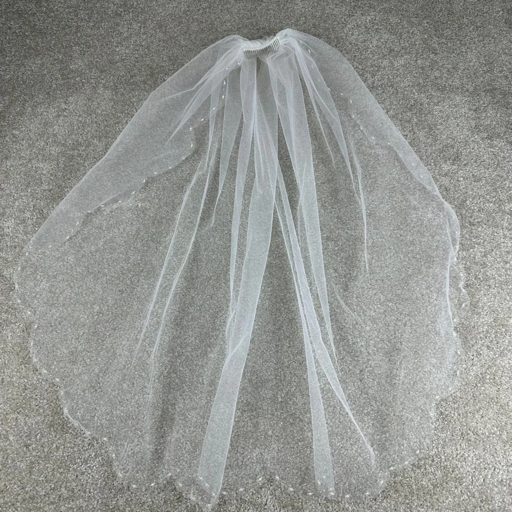 White Tulle Bridal Veil Pearl Beaded Scalloped Edge Fingertip Length Metal Comb